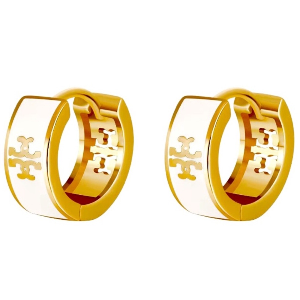 Tory Burch Gold and White Logo Mini Studs Hoop Earrings